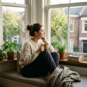 Woman sitting on a window seat holding a mug and looking outside peacefully