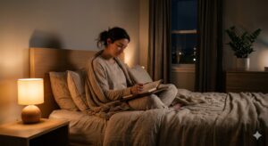 A peaceful bedroom at night with a person sitting on the bed journaling, soft warm lamp light, cozy blanket, minimal setup, calm and relaxing atmosphere, stress-free night routine concept, soft shadows, high resolution, no text