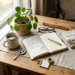 Open journal with handwritten morning thoughts, coffee cup, potted plant, glasses, and incense on wooden table near window