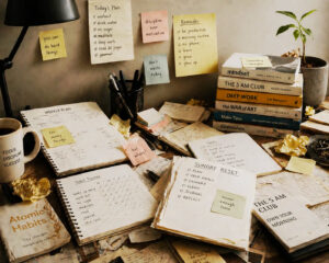 messy desk with abandoned planners sticky notes and self help books representing the struggle to build self discipline