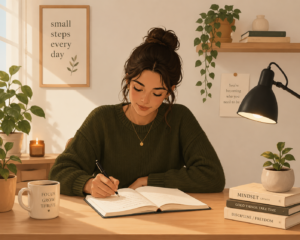 Calm person writing in a notebook at a minimal desk with warm lighting, focused and distraction-free workspace