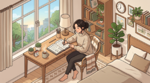 Woman sitting at desk writing in a journal with morning view through window