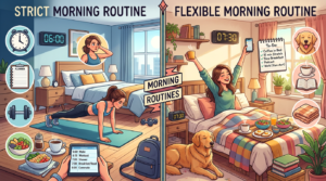 Split image comparing a strict morning routine with early workout and schedule versus a flexible morning routine with relaxed breakfast, dog, and reading.