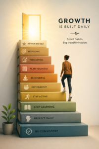 A symbolic image of personal growth showing small steps leading upward, like a staircase made of books or habits icons, soft glowing light at the top, minimal background, motivational and inspirational theme, clean modern illustration style.