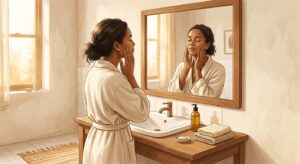 person standing at bathroom mirror in soft morning light gently touching their face representing skincare as a mental health ritual