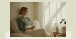 person sitting on a windowsill with a cup of tea looking out in soft morning light representing the power of solitude and self understanding