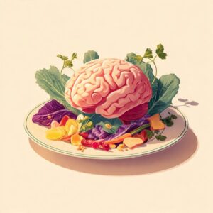 symbolic illustration of a brain on a dinner plate surrounded by colourful vegetables representing food and mental clarity