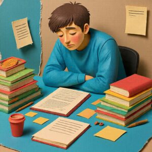person surrounded by self help books and habit trackers feeling overwhelmed and exhausted