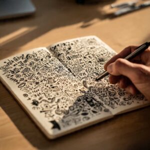 white sheet of paper filled with spontaneous doodles and scribbled words representing the brain benefits of doodling and free writing